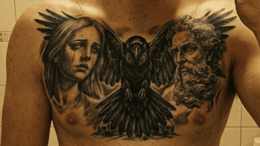 After: Raven tattoo cover up with black and grey realism style